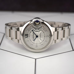 Cartier Ballon Bleu 33mm Silver Factory Diamond Dial Stainless Steel Watch 4377