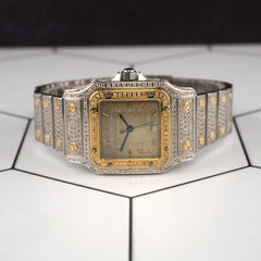 Cartier Santos 29mm Quartz 4ct Iced out 18k Gold Steel Gray Dial Watch 187901