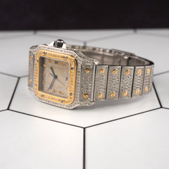 Cartier Santos 29mm Quartz 4ct Iced out 18k Gold Steel Gray Dial Watch 187901