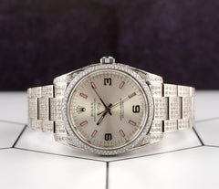 Rolex Airking 34mm Steel Silver Dial Pink Arabic Index Iced Out 10ct 114200
