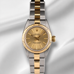Rolex 25mm Oyster Perpetual 18K Yellow Gold Two-Tone Champagne Dial Watch 67193