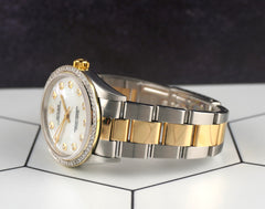 Rolex 34mm Oyster Perpetual 18K YG & Steel Watch 2ct Diamonds White MOP 14233