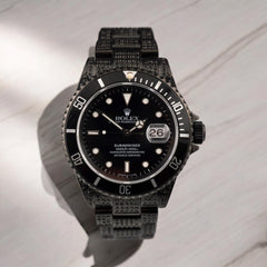 Rolex Submariner Date 40mm Steel Black Iced out 6ct Oyster Mens Watch 16610