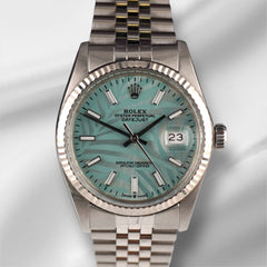 Rolex 36mm Datejust Steel Fluted Blue Palm Motif Dial Watch 16014