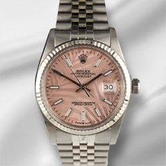 Rolex 36mm Datejust Steel Fluted Jubilee Pink Palm Motif Dial Watch 16014