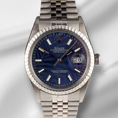 Rolex 36mm Datejust Steel Engine-Turned Dark Blue Palm Motif Dial Watch 16030