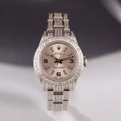 Rolex Oyster Perpetual Ladies 26mm 4ct Iced out Diamonds silver dial 176200