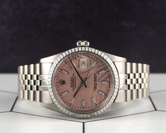 Rolex 36mm Datejust Steel Engine-Turned Pink Palm Motif Dial Watch 16030