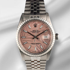 Rolex 36mm Datejust Steel Engine-Turned Jubilee Pink Palm Motif Dial Watch 16030