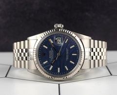 Rolex 36mm Datejust Steel Fluted Jubilee Dark Blue Palm Motif Dial Watch 16014