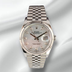 Rolex Datejust 36mm 18k WG Steel Fluted Jubilee White Diamond Dial Watch 126234