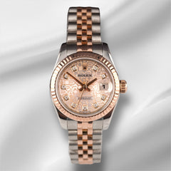 Rolex Datejust 26mm 18k Rose Gold & Steel Fluted Jubilee Rose Dial Watch 179171