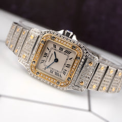 Cartier Ladies Santos Galbee Steel Watch 24mm Custom Iced 4ct Diamond 1567