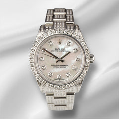 Rolex Oyster Perpetual 31mm Midsize ICED 8ct Diamonds Pearl Steel Watch 177234