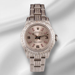 Rolex Oyster Perpetual Ladies 26mm 4ct Iced out Diamonds silver dial 176200