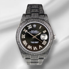 Rolex Men's Datejust 41mm Black Iced Out 10ct Diamonds Roman Steel Watch 116300