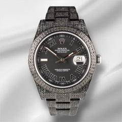 Rolex Datejust 41mm Black IcedOut 10ct diamond Roman Dial Watch 116300 Paper