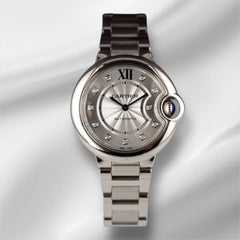 Cartier Ballon Bleu 33mm Silver Factory Diamond Dial Stainless Steel Watch 4377