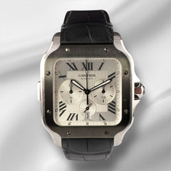 Cartier Santos XL Chronograph 44mm Mens Silver Roman Leather Steel Watch 4183