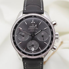 Omega Speedmaster Co-Axial 38mm SS Grey Dial Fixed Diamond Bezel Leather Strap