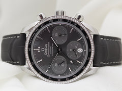 Omega Speedmaster Co-Axial 38mm SS Grey Dial Fixed Diamond Bezel Leather Strap