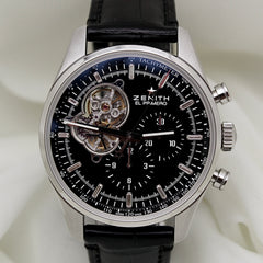 Zenith El Primero Chronomaster 42mm SS Black Dial Smooth Black Leather Band
