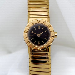 Bvlgari Mini Tubogas 19mm 18K YG Fixed Engraved Bezel Black Dial BB192T