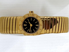 Bvlgari Mini Tubogas 19mm 18K YG Fixed Engraved Bezel Black Dial BB192T