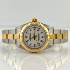 Rolex 25mm Oyster Perpetual 18K Yellow Gold Two-Tone White Dial Watch 67193