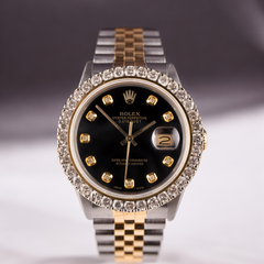 Rolex Mens Datejust 36mm 18k Yellow Gold & Steel ICED 2.50ct Diamonds Black Dial