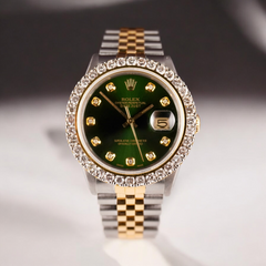 Rolex Mens Datejust 36mm 18k Yellow Gold & Steel ICED 2.50ct Diamonds Green Dial