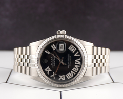 Rolex 36mm Datejust Steel Engine-Turned Black Roman Diamond Dial Watch 16030