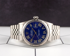 Rolex 36mm Datejust Steel Fluted Blue Roman Diamond Dial Watch 16014