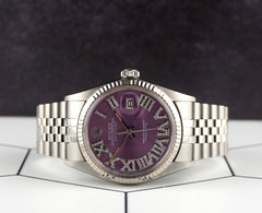 Rolex 36mm Datejust Steel Fluted Jubilee Purple Roman Diamond Dial Watch 16014