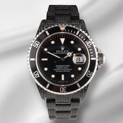 Rolex Submariner Date 40mm Steel Black Iced out 6ct Oyster Mens Watch 16610