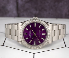 Rolex 34mm Oyster Perpetual Purple Dial 1.5ct Diamond Steel Watch 14010
