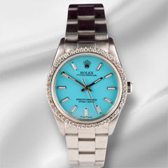 Rolex 34mm Oyster Perpetual 1.5ct Prong Diamond Baby Blue Dial Steel Watch 14010