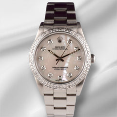 Rolex 34mm Oyster Perpetual 1.5ct White Mop Diamond Dial Steel Watch 14010