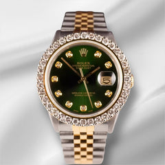 Rolex Mens Datejust 36mm 18k Yellow Gold & Steel ICED 2.50ct Diamonds Green Dial