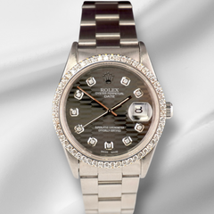 Rolex Date 34mm Ladies 1.5ct Prong Grey Motif Diamond Dial Steel Watch 15000