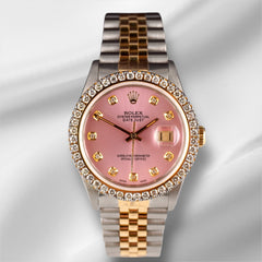 Rolex Mens Datejust 36mm 18k Yellow Gold & Steel ICED 2.50ct Diamonds Pink Dial