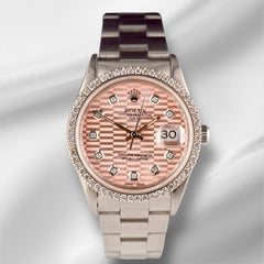 Rolex Date 34mm Ladies 1.5ct Prong Pink Motif Diamond Dial Steel Watch 15000