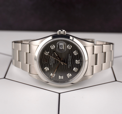 Rolex Date 34mm Ladies Grey Motif Diamond Dial Oyster Steel Watch 15000