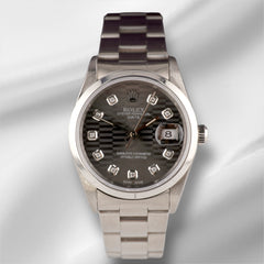 Rolex Date 34mm Ladies Grey Motif Diamond Dial Oyster Steel Watch 15000