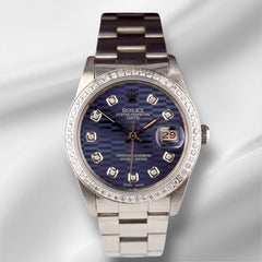 Rolex Date 34mm Ladies 1.5ct Blue Motif Diamond Dial Steel Oyster Watch 15000