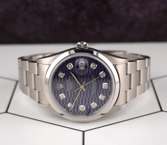 Rolex Date 34mm Ladies Blue Motif Diamond Dial Oyster Steel Watch 15000