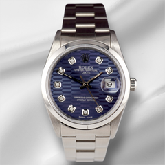 Rolex Date 34mm Ladies Blue Motif Diamond Dial Oyster Steel Watch 15000