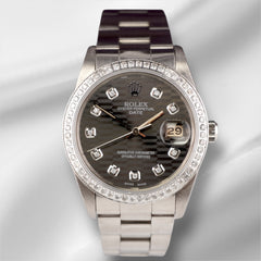 Rolex Date 34mm Ladies 1.5ct Grey Motif Diamond Dial Steel Oyster Watch 15000