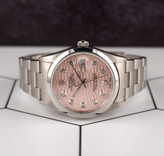 Rolex Date 34mm Ladies Pink Motif Diamond Dial Oyster Steel Watch 15000