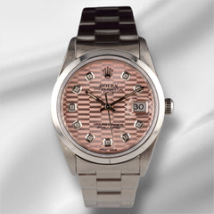 Rolex Date 34mm Ladies Pink Motif Diamond Dial Oyster Steel Watch 15000